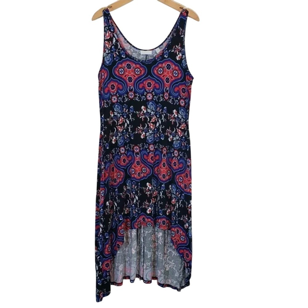 New‎ York & Co.rWomens L Tank Dress Black Red Blue Floral Print High Low